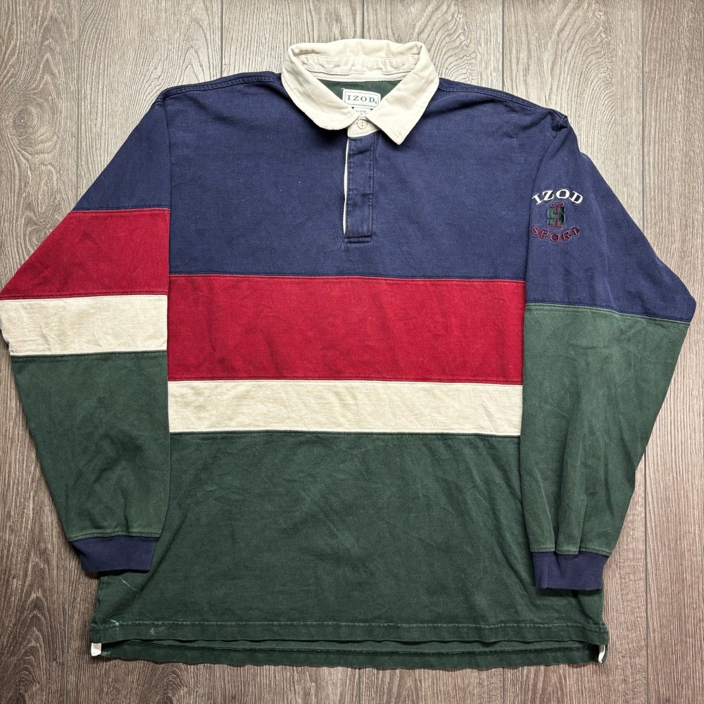 Vintage Izod Sport Rugby Shirt Mens XL Colorblock Long Sleeve Polo Navy Green